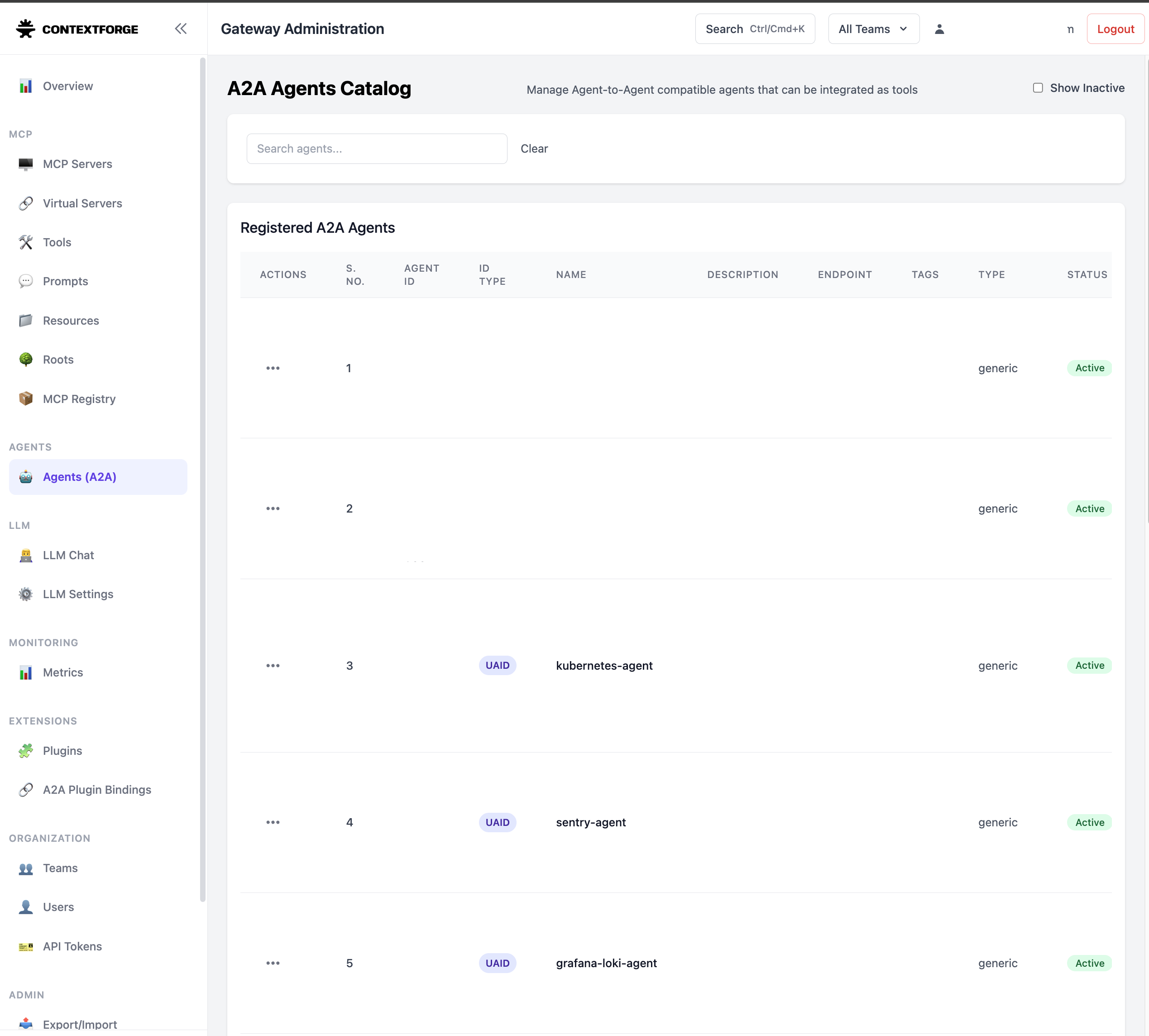게이트웨이에 A2A 에이전트로 등록된 것들. kubernetes·sentry·grafana-loki 같은 조회용 에이전트를 클라이언트에서 too