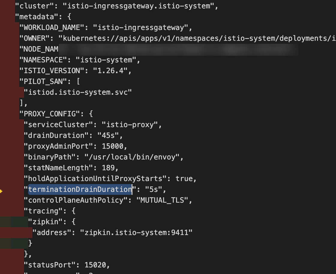 istio-ingressgateway 의 config dump. terminationDrainDuration 이 기본값인 5s 로 잡혀 있다