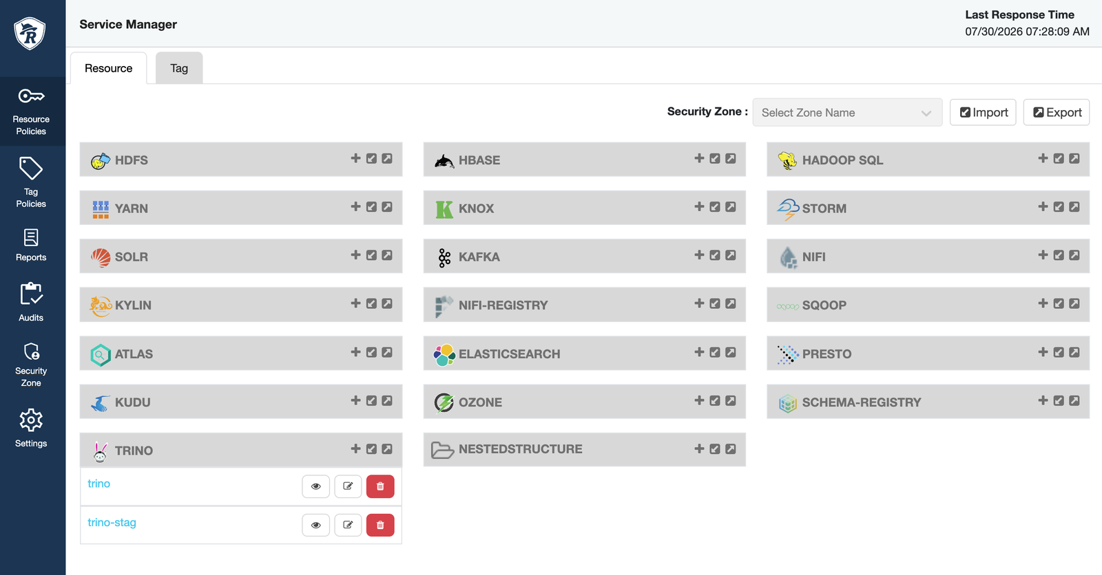 Ranger Service Manager. Hadoop 생태계 컴포넌트들이 나열되어 있지만 우리가 등록해서 쓰는것은 TRINO 하나뿐이다