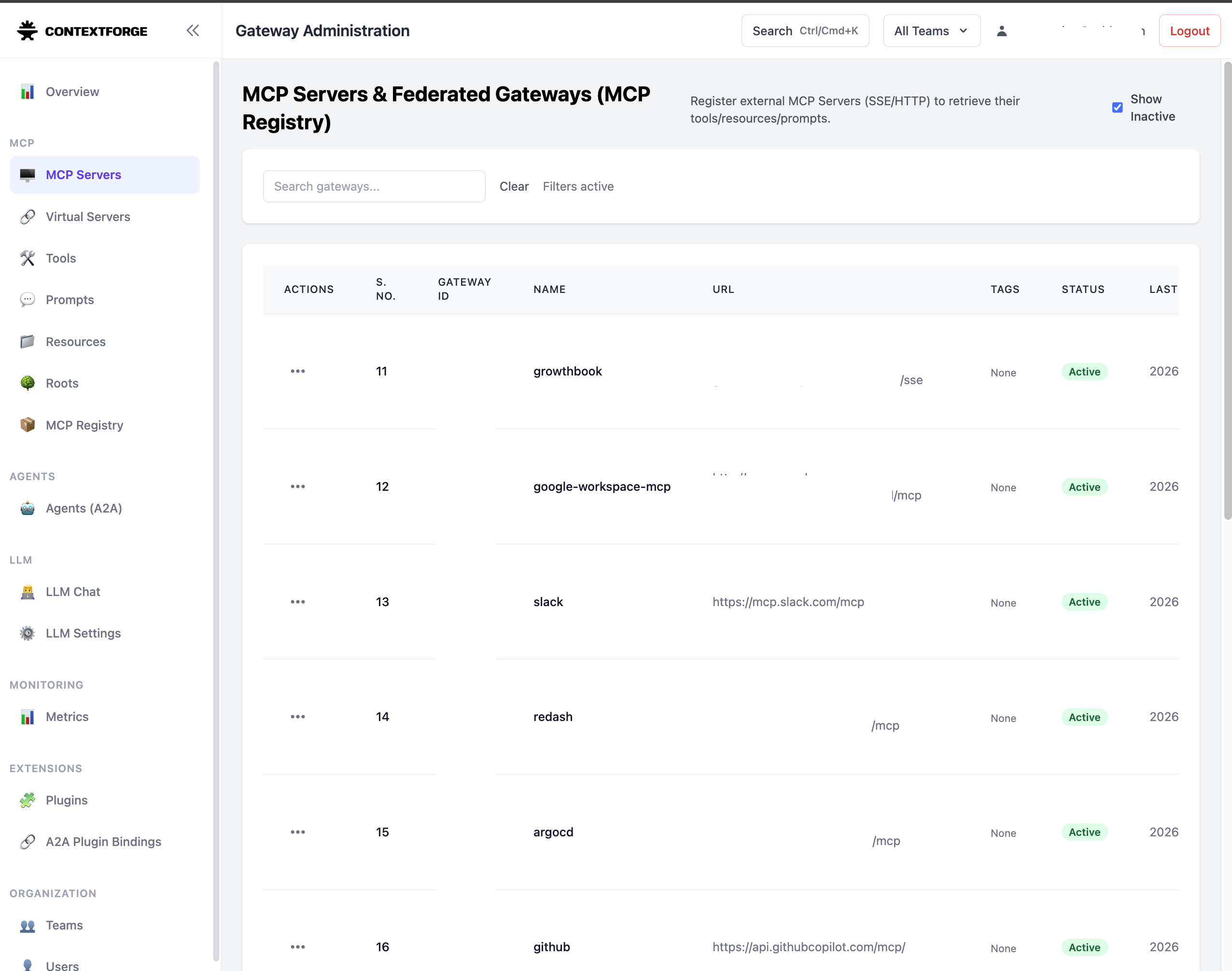 게이트웨이에 등록된 업스트림 MCP 서버들. 공식 MCP(Slack, GitHub 등)와 사내 시스템용 커스텀 MCP(Redash, ArgoCD